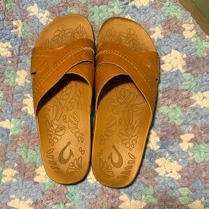 Olukai Tan Leather Slide Sandals with Floral Footbed